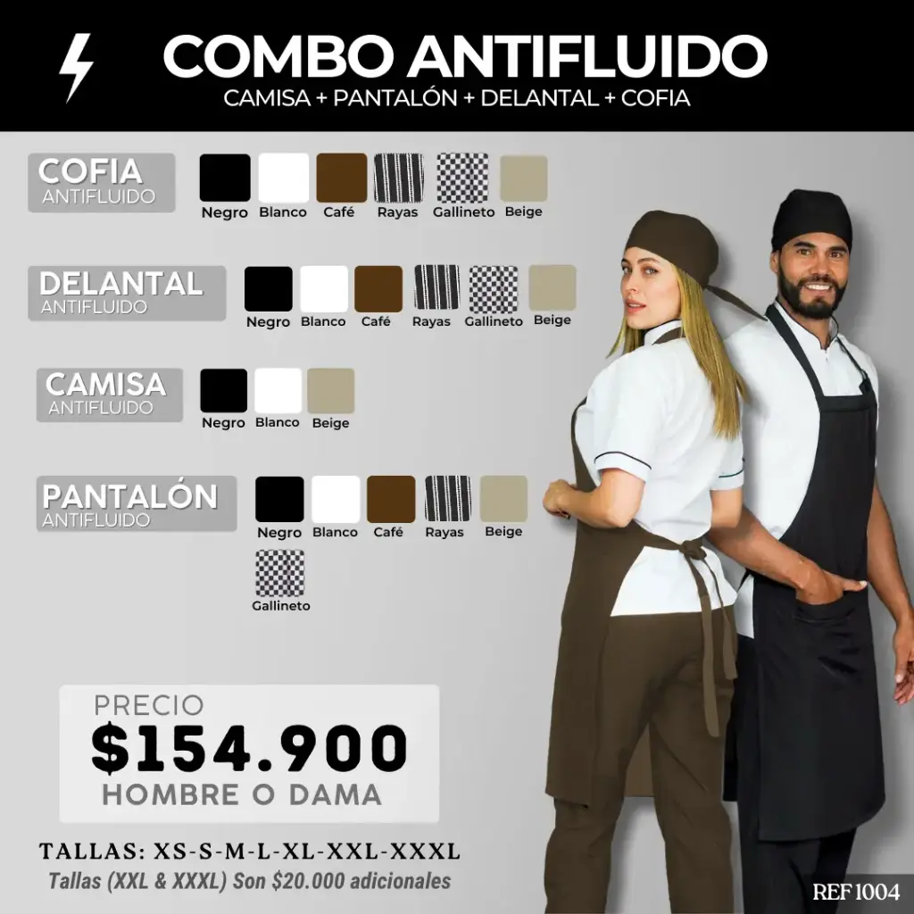 1004 COMBO - Camisa Antifluido + Pantalón Antifluido + Delantal Antifluido + Cofia Antifluido