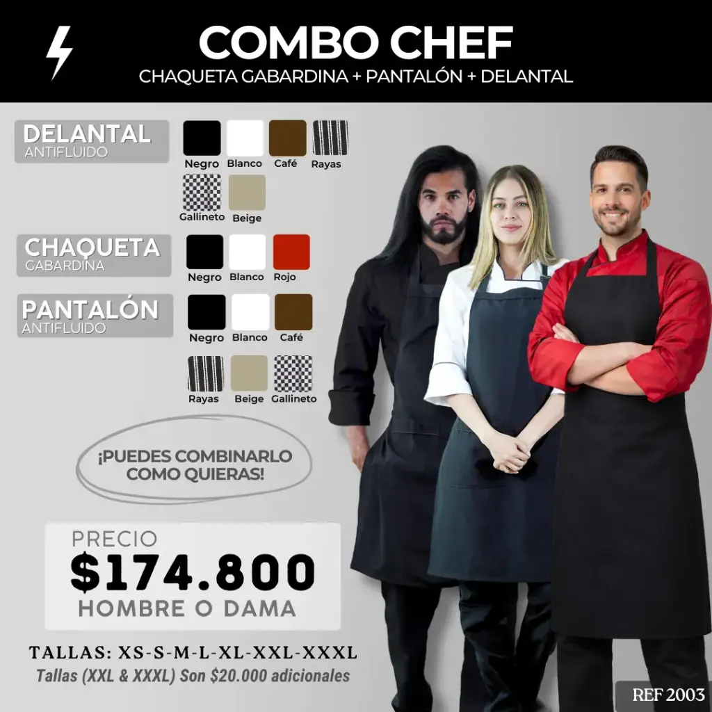 2003 COMBO - Chaqueta Chef Gabardina + Pantalón Antifluido + Delantal Antifluido 