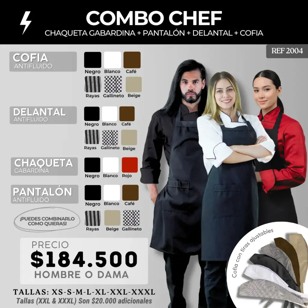 2004 COMBO Chaqueta Chef + Pantalón Antifluido + Delantal  + Cofia 