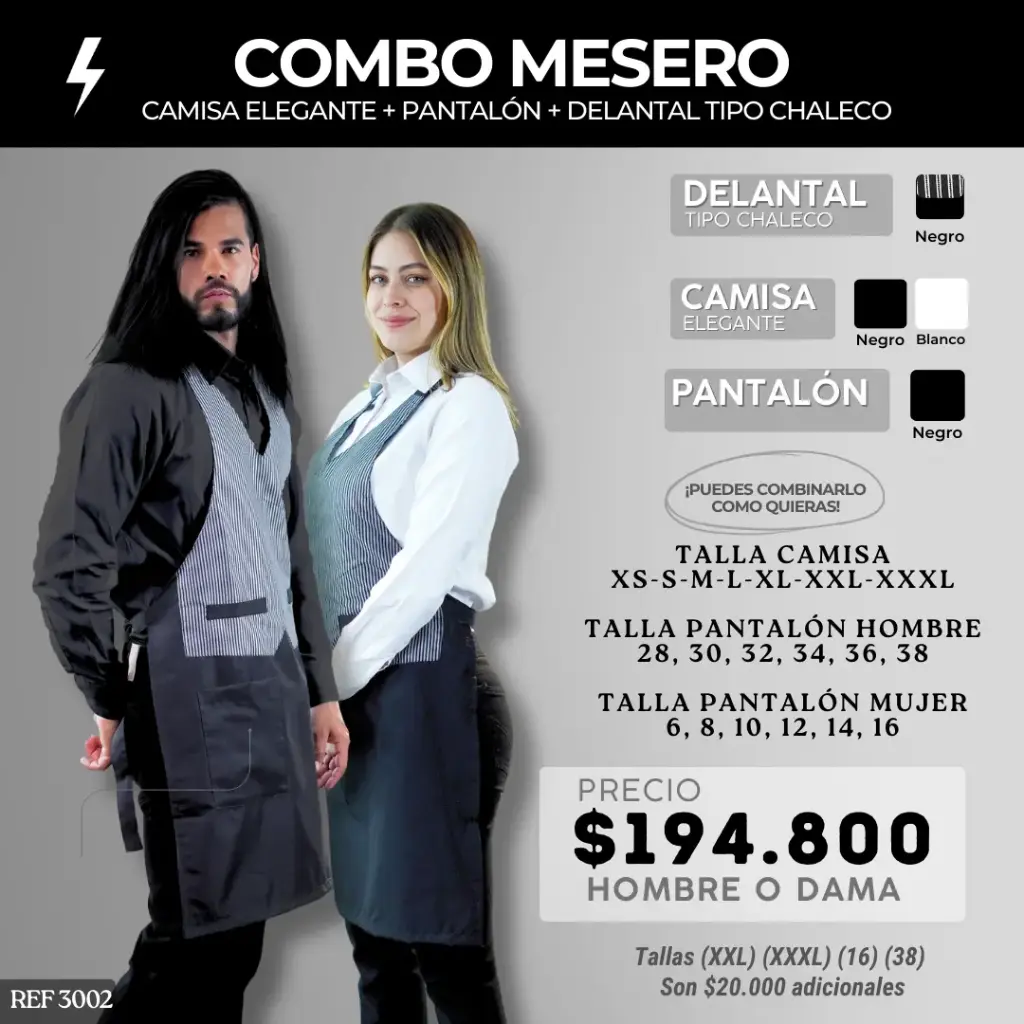 3002 COMBO - Camisa Formal + Pantalón Lino Flex + Delantal Tipo Chaleco