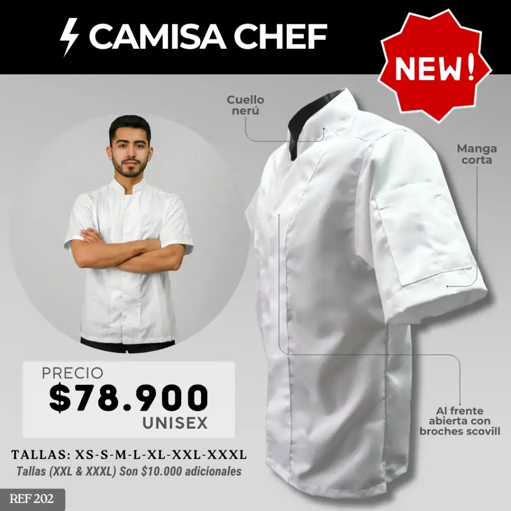 205 Camisa Chef Gabardina Manga Corta Unisex