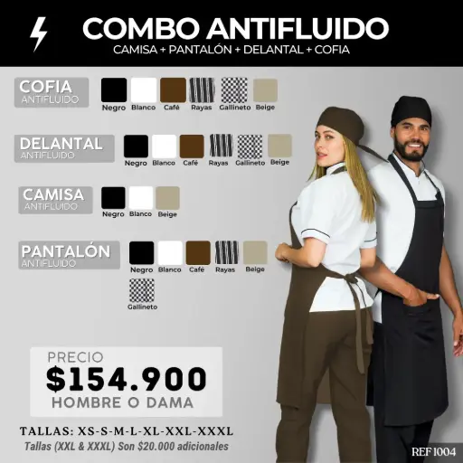 [1004] 1004 COMBO - Camisa Antifluido + Pantalón Antifluido + Delantal Antifluido + Cofia Antifluido