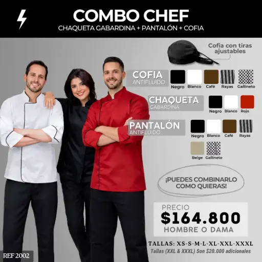 [2002] 2002 COMBO - Chaqueta Chef Gabardina + Pantalón Antifluido + Cofia Antifluido