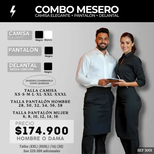 [3001] 3001 COMBO - Camisa Formal + Pantalón Lino Flex + Delantal Cintura