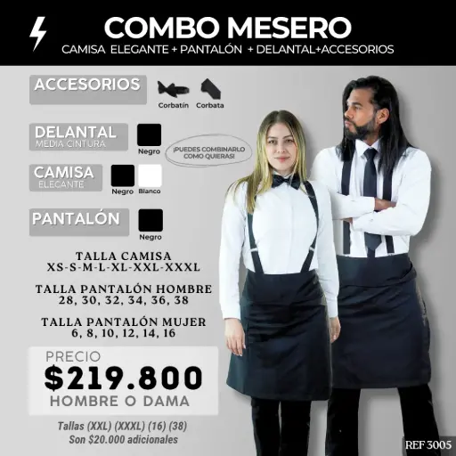[3005] 3005 COMBO - Camisa Formal + Pantalón Lino Flex + Delantal Media Cintur + Tirantas + Corbata